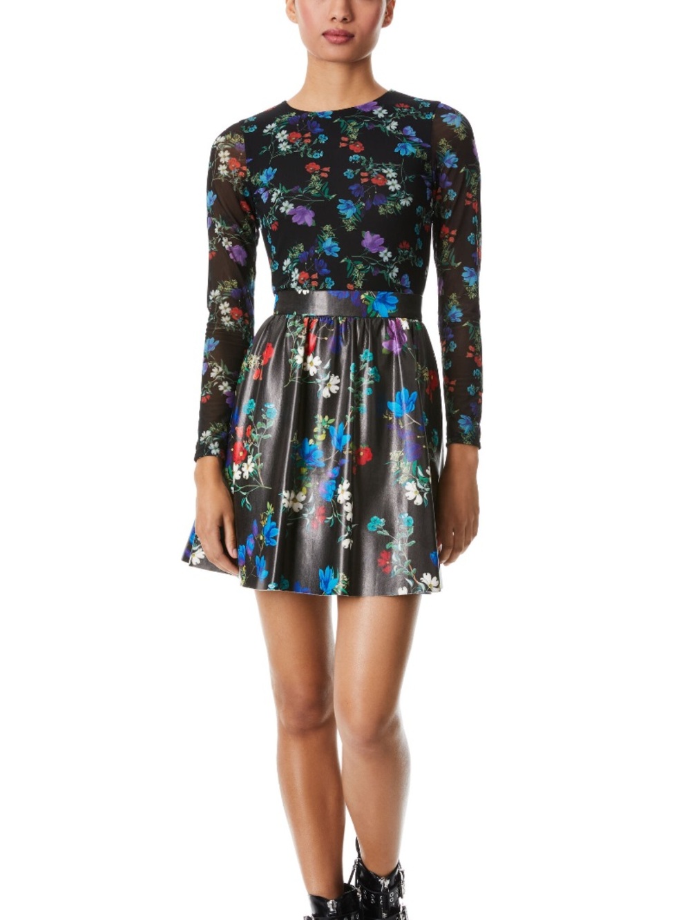 Alice + Olivia Faux Leather Mesh
Long Sleeve Black Floral Mini Dress - Size 4 - Picture 1 of 7